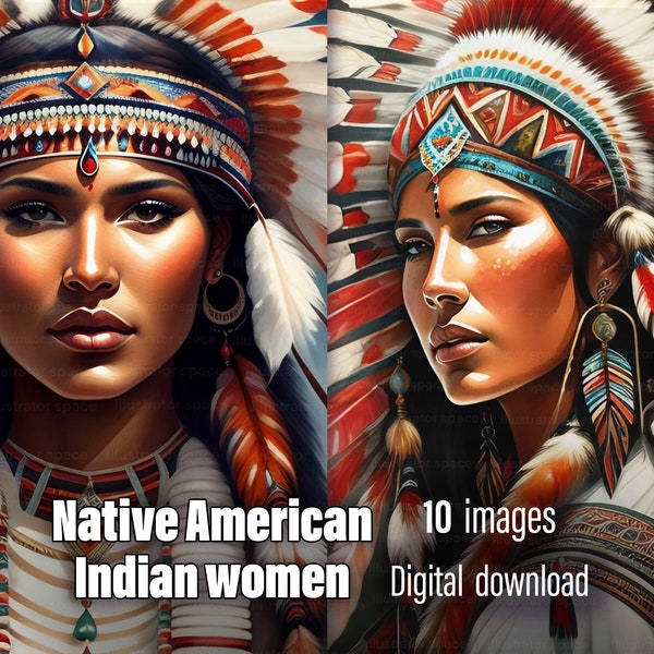 Belles femmes indiennes amérindiennes 10 images Téléchargement numérique, chef de femmes avec illustration de plumes colorées, art mural sud-ouest