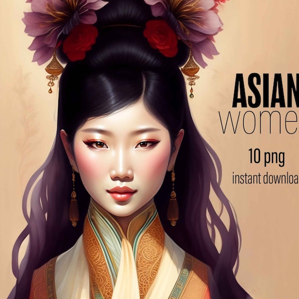 10 images Asian woman art. Instant Download: Exquisite Asian Women Illustration Set