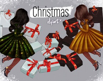 Christmas girl clipart, Fashion girl clipart, Xmas Clipart, African American girl clipart, Xmas girl clipart, Christmas presents clipart PNG