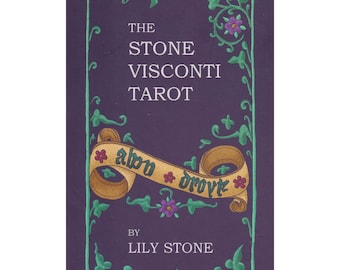 May include: The Stone Visconti Tarot card deck cover. The cover is a deep purple with green floral border and accents. The title is in white, with a gold banner that reads "abon * droyt". The author's name is "Lily Stone".