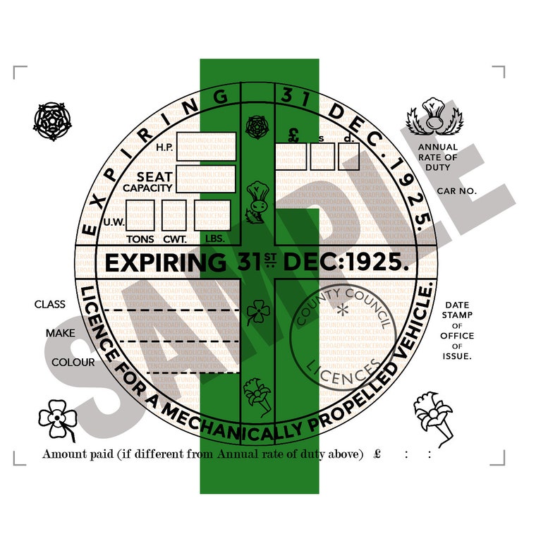 1923 1956 Replica Road Tax Disc, Instant PDF Editable Template, for