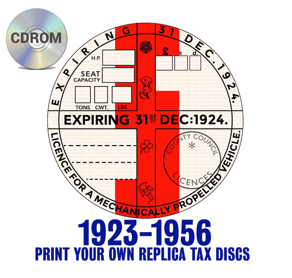 1923 1956 Replica Road Tax Disc, Instant PDF Editable Template, for Classic Car and Motorbike
