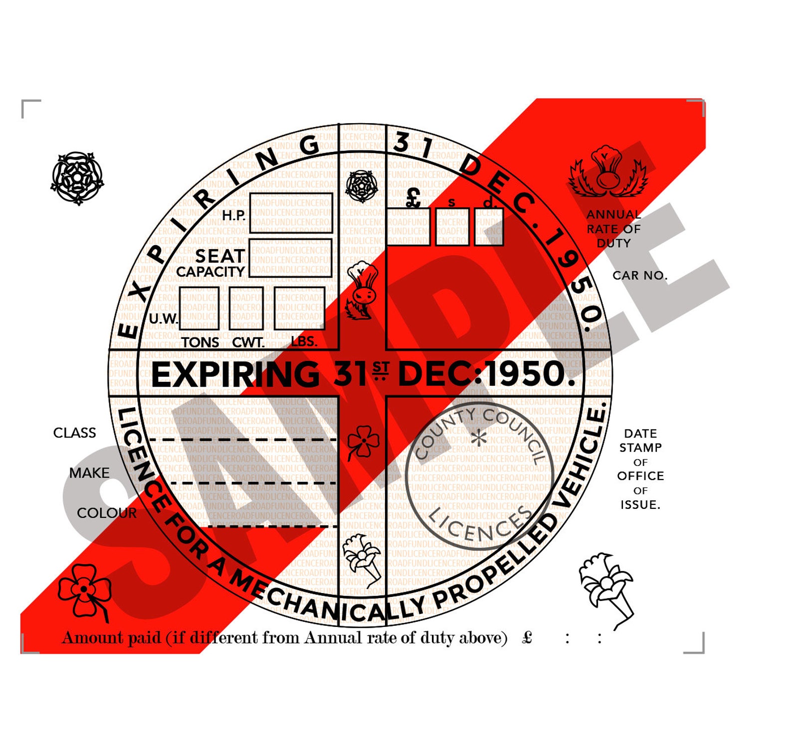 1923 1956 Replica Road Tax Disc, Instant PDF Editable Template, for