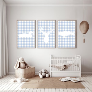 Blue Gingham Baby Boy Wall Decor. Set of 3.