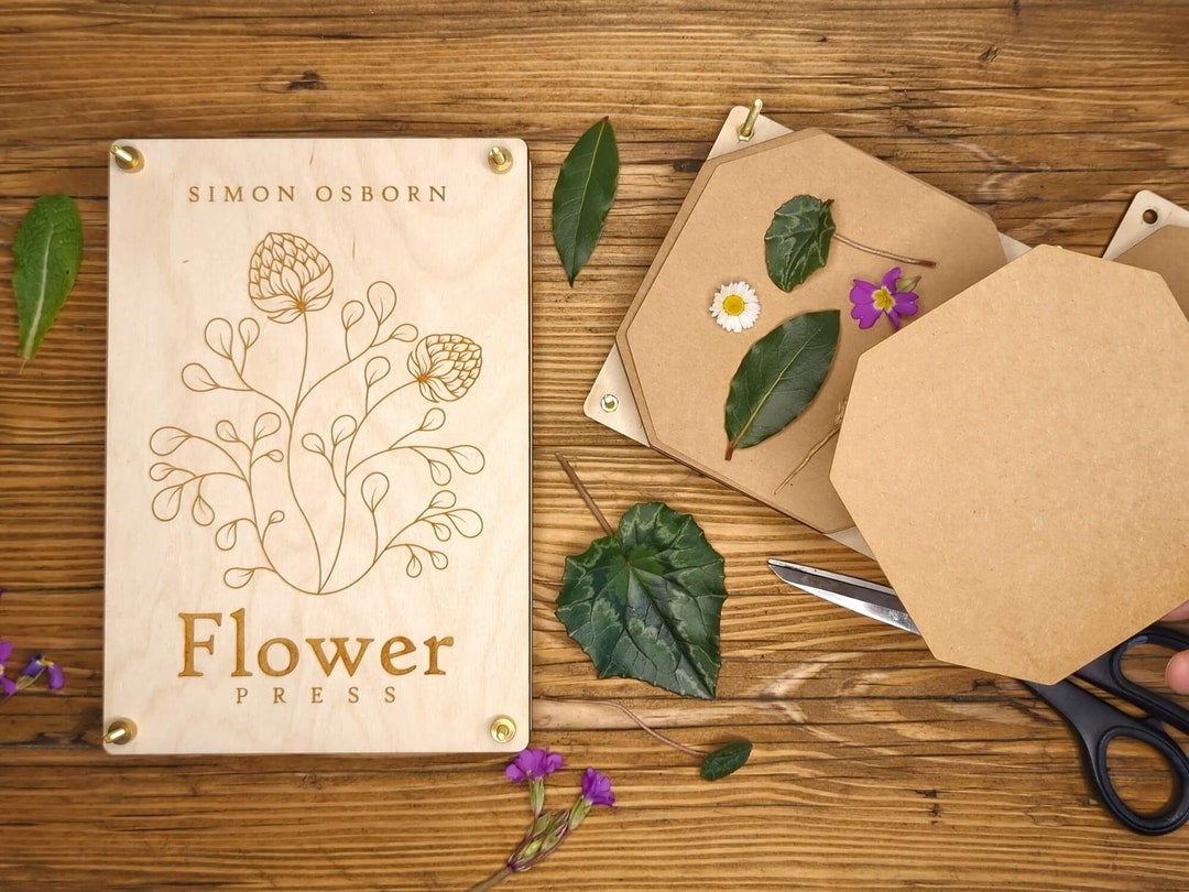Personalised Flower Press Kit With Floral Design and Brass Hardware Mothers Day Gift, Leaf Press