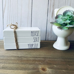 May include: Three white stacked books with the words "PLEASE SEAT YOURSELF" written in black. The books are tied together with twine. A small white toilet with a green succulent plant inside is on a wooden surface.