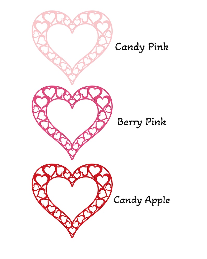 Może przedstawiać: Trzy wzory w kształcie serca w r&oacute;żnych odcieniach r&oacute;żu i czerwieni. G&oacute;rne serce jest jasnor&oacute;żowe i m&oacute;wi "Candy Pink". Środkowe serce jest ciemnor&oacute;żowe i m&oacute;wi "Berry Pink". Dolne serce jest czerwone i m&oacute;wi "Candy Apple".