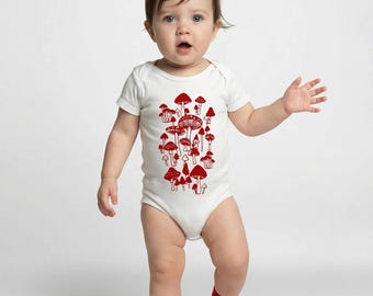 Mushrooms and Gnome ecru unisex baby body suit