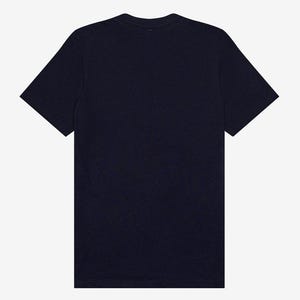 May include: A dark blue short-sleeved t-shirt.