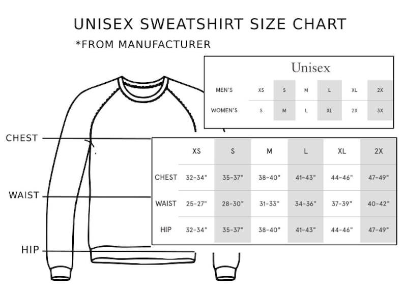 May include: Unisex sweatshirt size chart with measurements in inches for chest, waist, and hip. The chart includes sizes XS, S, M, L, XL, and 2X.