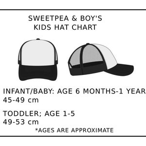 May include: A size chart for kids' hats, showing two styles of hats: a black and white trucker hat and a black and white mesh hat. The chart includes size recommendations in centimeters for infants and toddlers. The text reads "Sweetpea & Boy's Kids Hat Chart" and "*Ages are approximate".