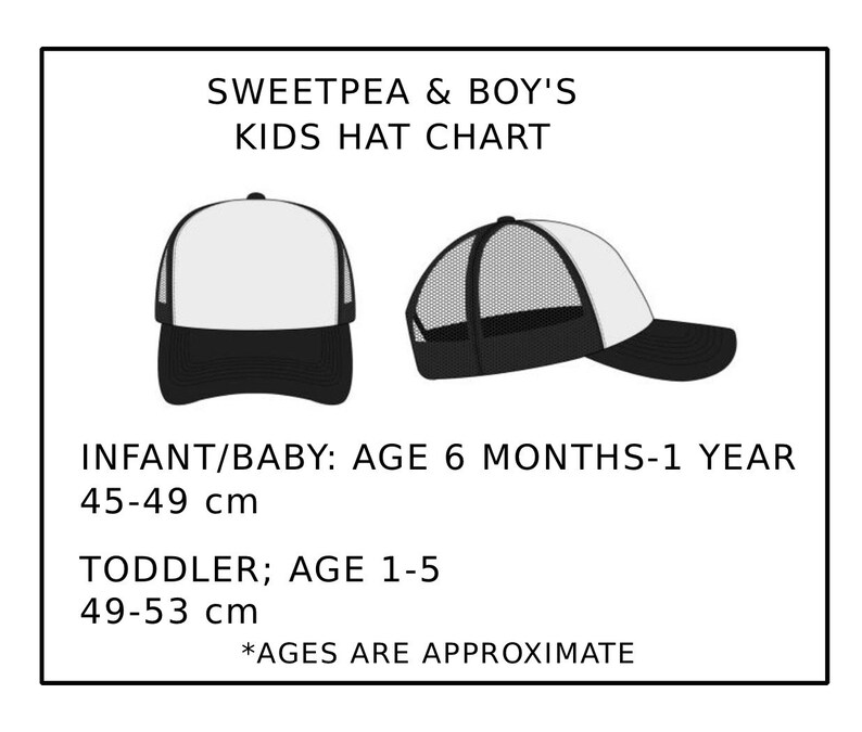 May include: A size chart for kids' hats, showing two styles of hats: a black and white trucker hat and a black and white mesh hat. The chart includes size recommendations in centimeters for infants and toddlers. The text reads "Sweetpea & Boy's Kids Hat Chart" and "*Ages are approximate".