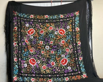 Spanish Flamenco Dance Black Silk Embroidered Shawl (Size 200cm Square)