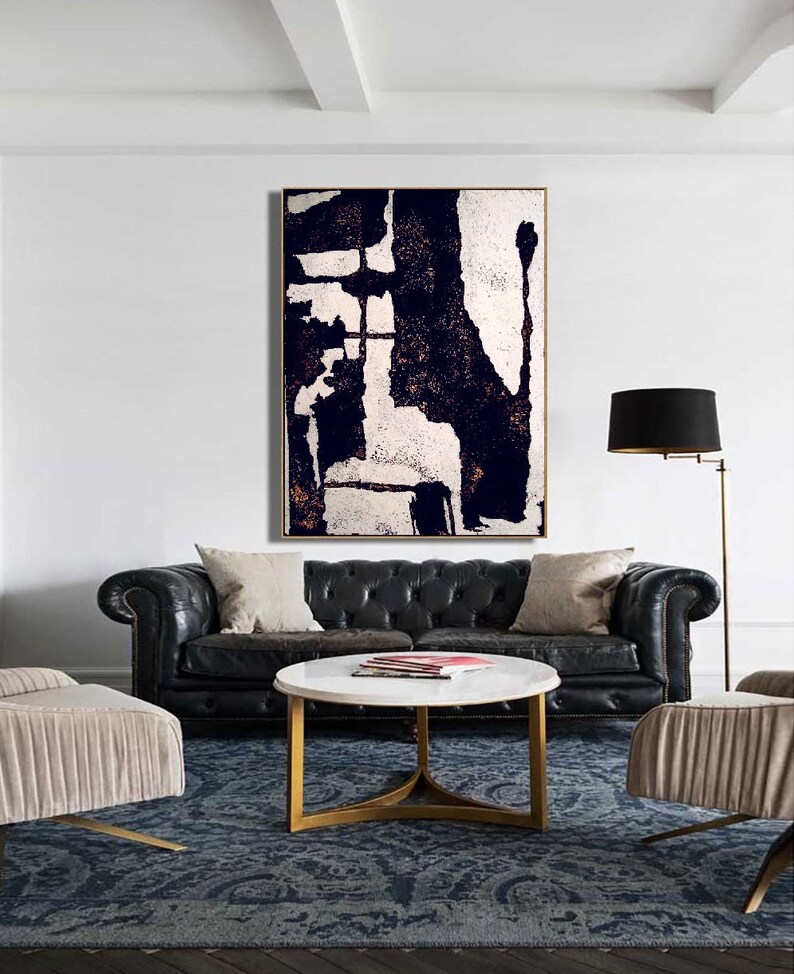Living Room Wall Art Black and White Abstract Painting | Etsy