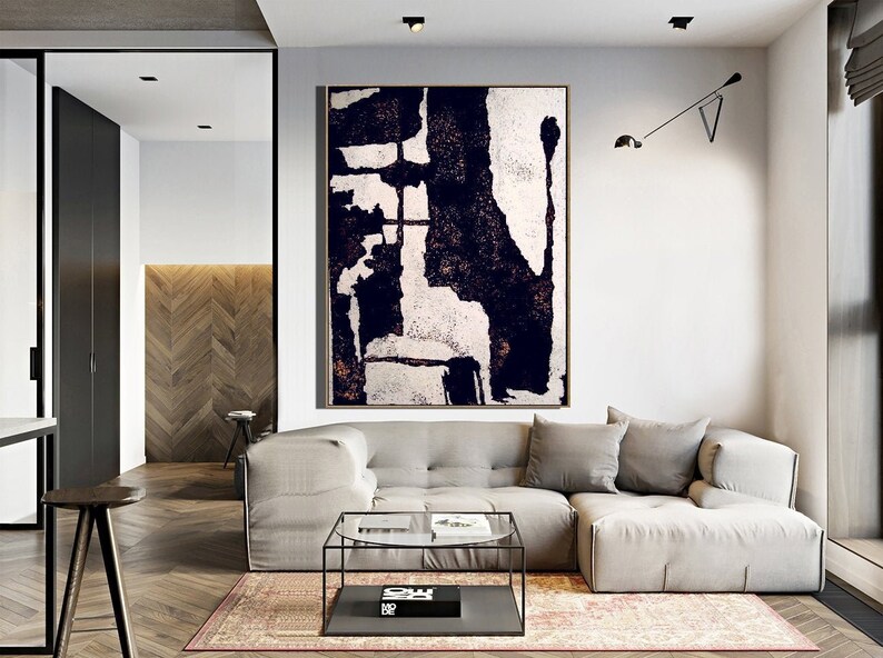 Living Room Wall Art Black and White Abstract Painting | Etsy