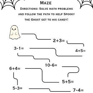 Könnte beinhalten: Ein Halloween-Mathe-Labyrinth-Arbeitsblatt mit einem weißen Geist, schwarzen Spinnennetzen in den Ecken und bunten Süßigkeiten-Illustrationen. Der Text lautet: Halloween Math Maze. Directions: Solve math problems and follow the path to help Spooky the ghost get to his candy! Enthält verschiedene Additions- und Subtraktionsgleichungen.