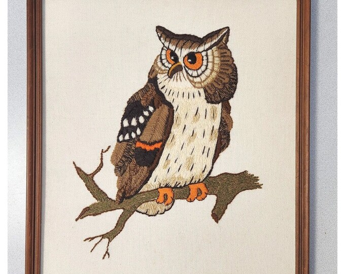 Vintage 1970's Owl Crewel Embroidery Completed Frame Sunset Stitchery