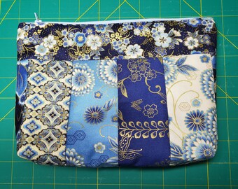 STUNNING BLUES metallic accents lined, quilted zipper pouch