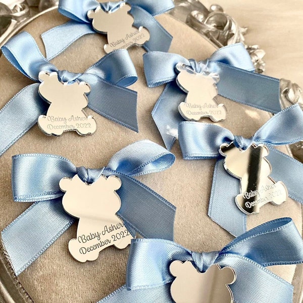 Étiquette miroir en acrylique ours en peluche, Soirée à thème ours, Étiquette bleu bébé pour baby shower, Merci beaucoup Beary, Anniversaire ours en peluche, On peut attendre Bearly