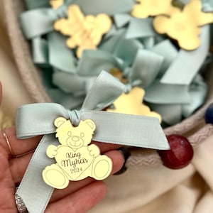 Etichetta orsetto verde salvia, etichette personalizzate con specchio acrilico, etichetta baby shower orsetto oro, etichetta regalo, baby shower nuvola, etichetta con nome orsetto