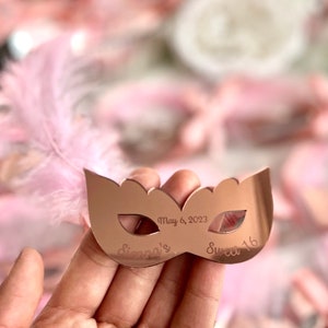 Faveurs de quinceañera en or rose, aimant Sweet16, cadeau de fête de Noël, cadeau d'anniversaire Sweet16, masque de salle de bal, cadeau de fête masque de mascarade