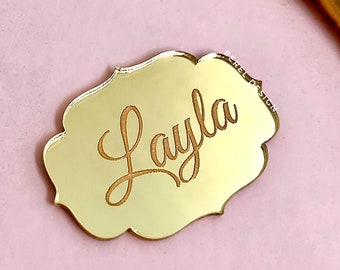 Gold benutzerdefinierte Acryl Spiegel Tags, speichern Sie das Datum Tag, Hochzeit Name Label Tag, benutzerdefinierte Namen Tag, Baby-Dusche-Tag, Kuchen Charme, Empfang Token