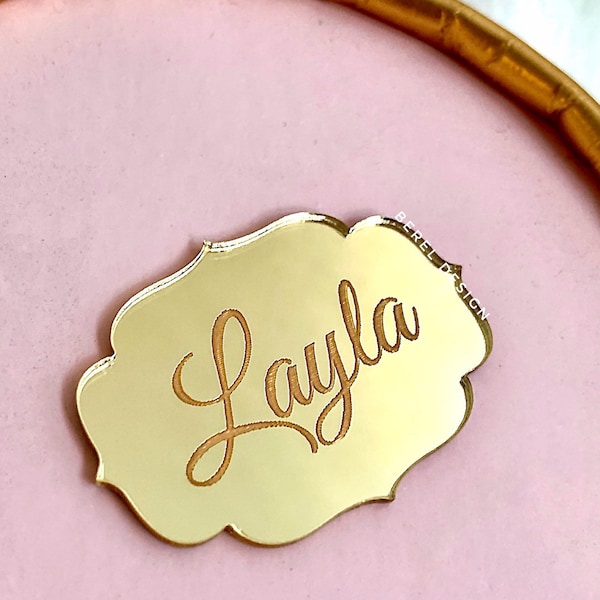 Gold Custom Acrylic Mirror Tags, Save the Date Tag, Wedding Name Label Tag, Custom Name Tag, Baby Shower Tag, Cake Charm, Reception Token