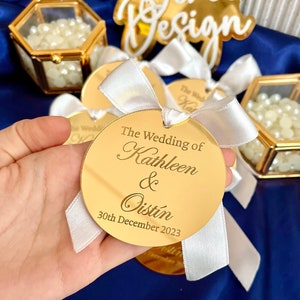 Etiqueta de regalo de decoración de favor de boda, etiqueta de espejo acrílico grande de oro, 2,75 pulgadas 7 cm, guardar las etiquetas de fecha, ficha de recepción, etiqueta de boda, etiqueta de lujo