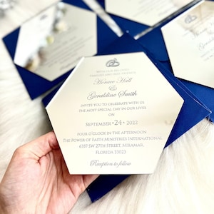 Invitations acryliques de mariage hexagone, invitations de miroir de mariage, invitation de baptême, carte d’invitation de mariage, invitation de fiançailles