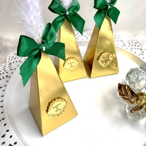 Gouden aangepaste kegeldoos, gepersonaliseerde snoepdoos, gepersonaliseerd cadeau, partijpapierdoos, snoepgunstdoos, huwelijksdoos, piramidekegelverrukkingsdoos