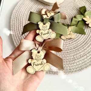 Brown Teddy Bear, Wooden Tag, Boho Bear, Baby Shower Tag, We can Bearly Wait, Thank You Beary Much, Teddy Bear Birthday, Bear with Heart image 2
