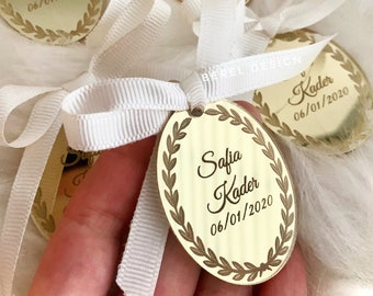 Custom Mirror Tags with Bow, Bridesmaid Gifts, Personalized Acrylic Tags, Reception Token for Wedding, Baby Shower Tags, Baby Welcoming Tags