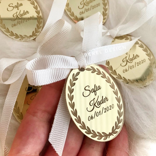 Etiquetas de espejo personalizadas con lazo, regalos de dama de honor, etiquetas acrílicas personalizadas, token de recepción para boda, etiquetas de baby shower, etiquetas de bienvenida para bebés