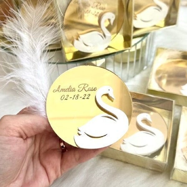Swan Gold Custom Mirror Magnets, Bridesmaid Gift, Personalized Gift , Swan Birthday Favors, Welcoming Gift, Baby Shower, Swan Birthday Theme