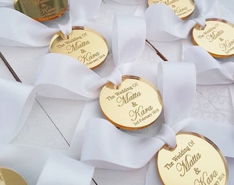 Gouden acryl spiegel tag, bruiloft naamplaatje, dank u label, bewaar de datum tag, Valentijnsdag tag, receptie token, luxe tag, cake charme