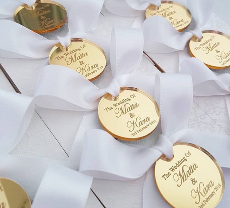 Gold Acrylic Mirror Tag, Wedding Name Tag, Thank you Label, Save the Date Tag, Valentines Day Tag, Reception Token, Luxury Tag, Cake Charm image 1