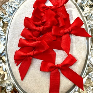 May include: A collection of red satin ribbon bows arranged in a circular pattern on a silver and white background.