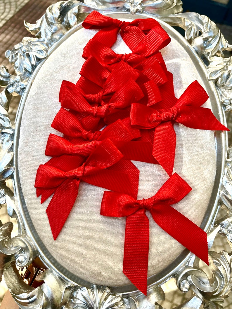 May include: A collection of red satin ribbon bows arranged in a circular pattern on a silver and white background.