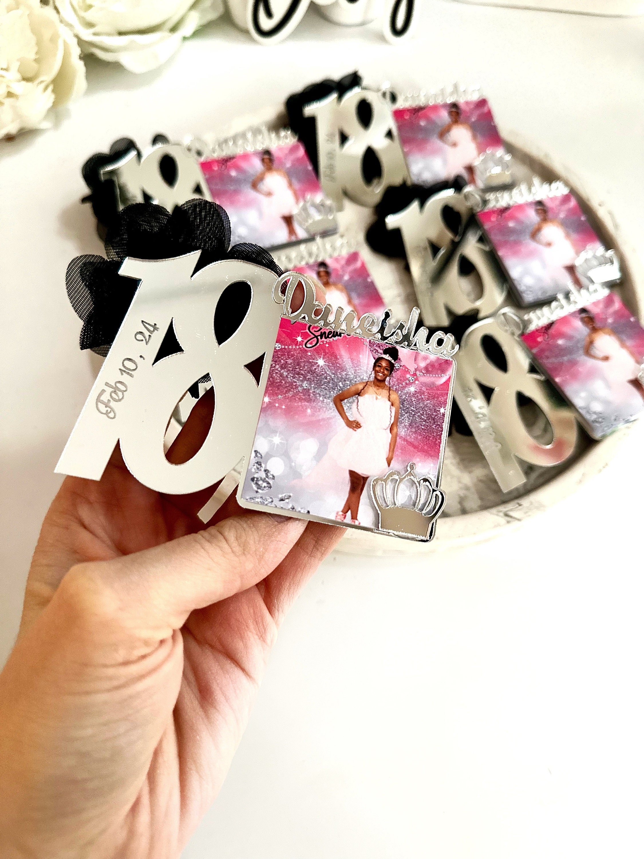 Custom Silver Sweet 18 Photo Magnets, Sweet 18th Birthday Favors, 18th Party Gift, Sweet 18 Frames, Birthday Party Gift, Quinceañera Gift
