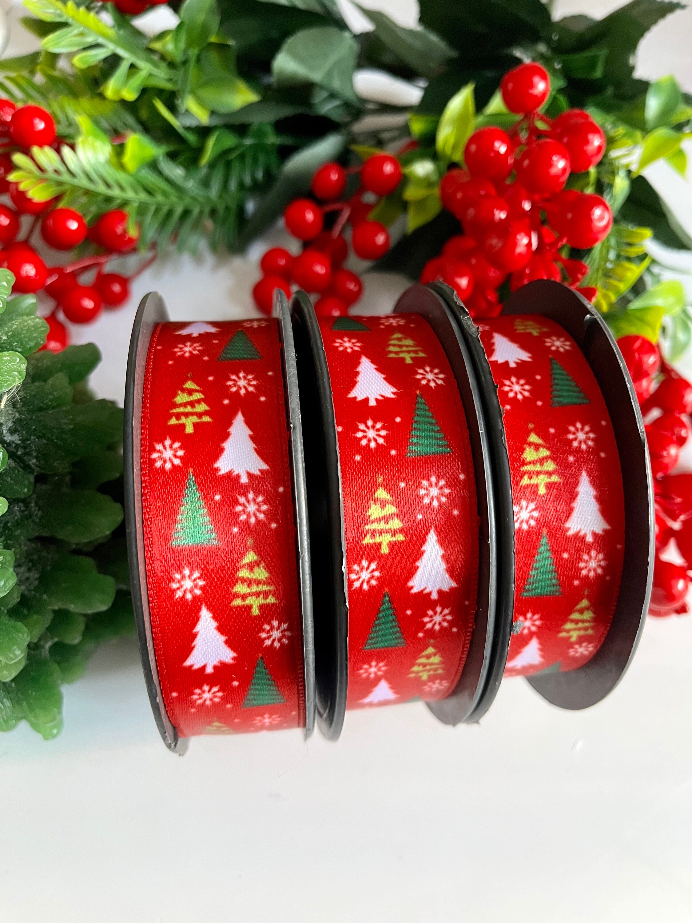 Rotes Weihnachtsbaum-Band, Weihnachtsschleife, festes Satinband, 3/4 Zoll 20 mm, Weihnachtsband, Feiertagsdekor-Gastgeschenke, Partydekorband