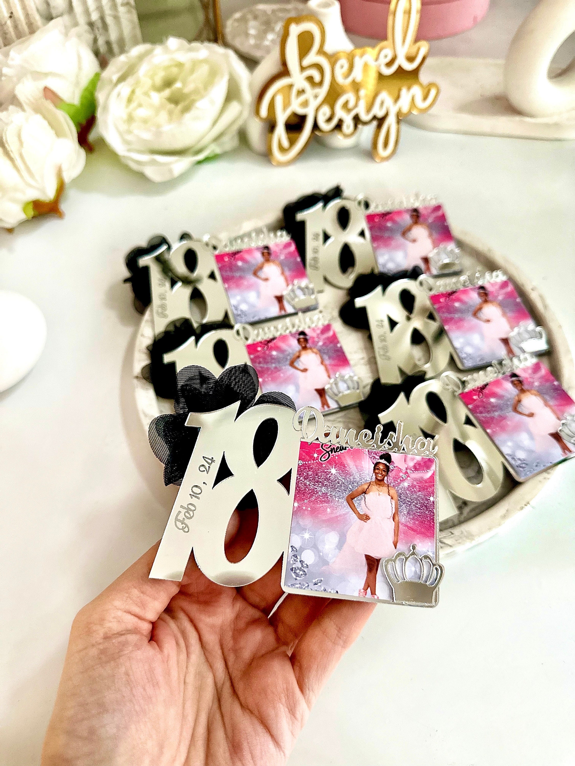 Custom Silver Sweet 18 Photo Magnets, Sweet 18th Birthday Favors, 18th Party Gift, Sweet 18 Frames, Birthday Party Gift, Quinceañera Gift