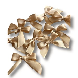 May include: A group of ten small, ivory-colored satin bows. The bows are tied with a single loop and have long tails.