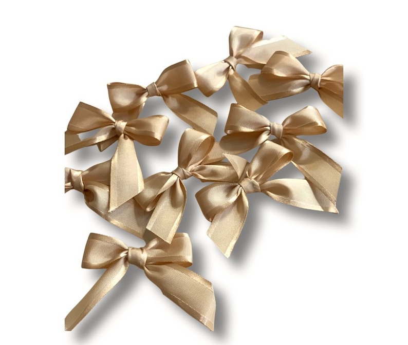 May include: A group of ten small, ivory-colored satin bows. The bows are tied with a single loop and have long tails.