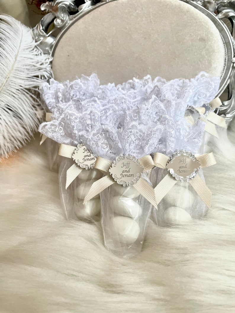 Jordan Mandeln in benutzerdefinierter Spitzentasche, Babyparty-Geschenke, personalisiertes Geschenk, Hochzeitsgeschenke, Save the Date Favors, Baby Willkommensgeschenke, Sweet 16 Bild 4