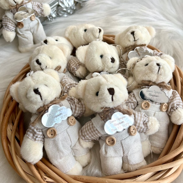 Custom Teddy Bear Baby Shower Favors, Custom Christmas Gift, White Teddy Bear Party, Teddy Bear Keychain, We Can Bearly Wait, Birthday Party