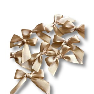 May include: A group of ten small, satin bows in a light champagne color. The bows are tied with a single loop and have a simple, elegant design.