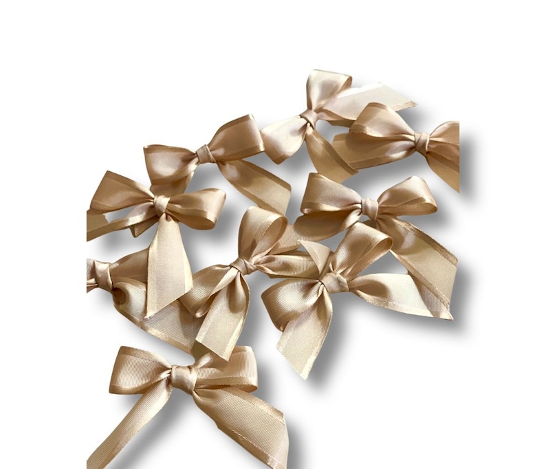 May include: A group of ten small, satin bows in a light champagne color. The bows are tied with a single loop and have a simple, elegant design.