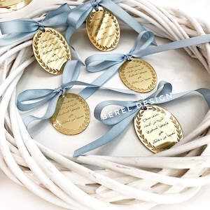 Etichette per specchio personalizzate con nastro blu, regalo personalizzato, gettoni di ricevimento per matrimonio, etichette per bomboniere per baby shower, etichette di lusso, accoglienza del bambino