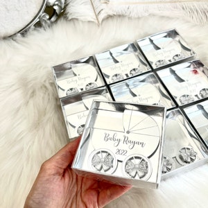 Imanes de cochecito de bebé espejo con caja, favores de baby shower, regalos de bienvenida para bebés, regalos personalizados, regalos de fiesta de revelación de género, favores de fiesta