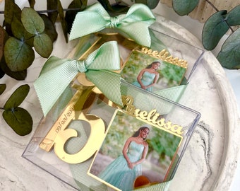 Custom Sage Green Gold Mis Quince Años, Sweet 15th Photo Magnet, 15th Birthday Gift, XV Añera Favors, Quinceañera 15 Birthday Party Favors